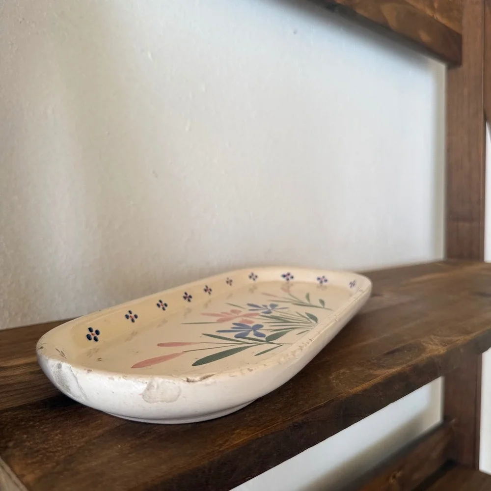 Vintage Hand Painted Floral Ceramic Tray Oval Folk Art Decorative Platter Cream